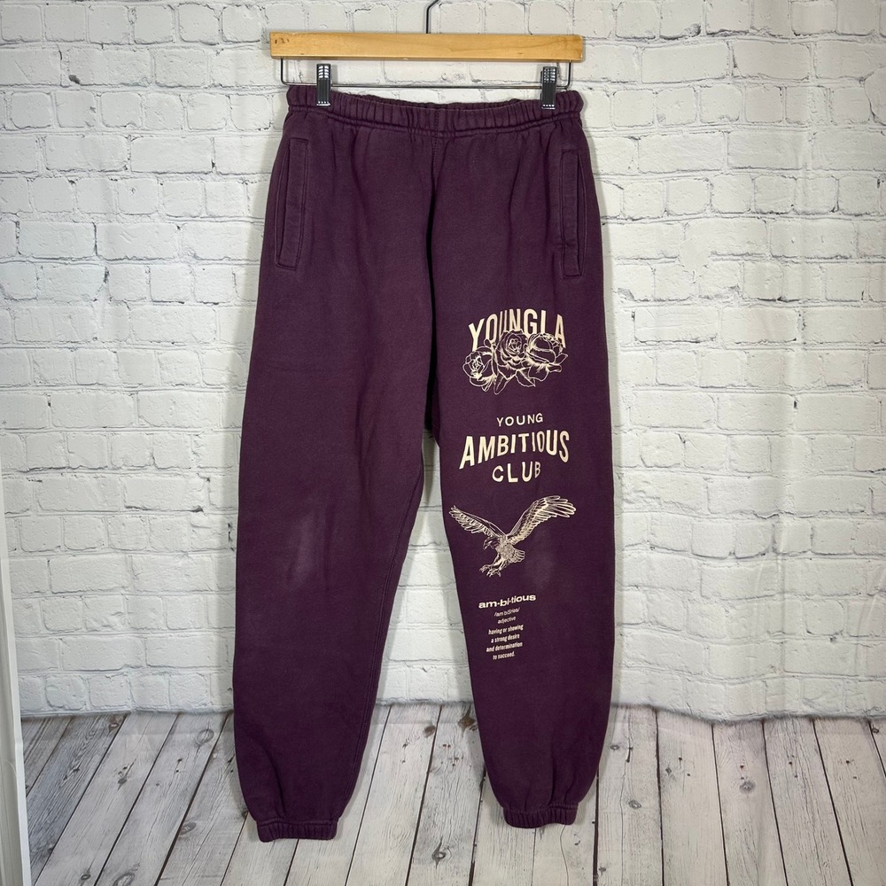 YoungLA Ambitious Club Men Purple Graphic Jogger Sweatpants Small Rose Eagle